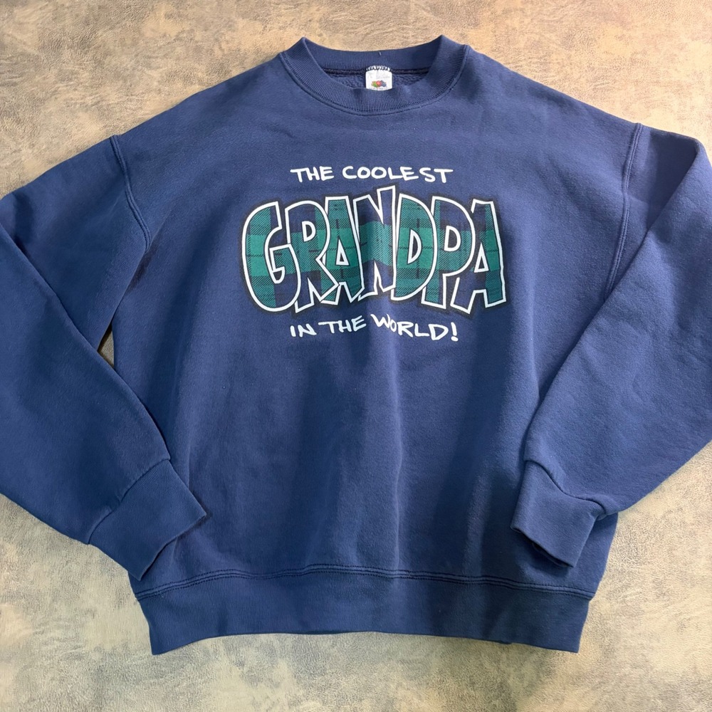 Fruit of the Loom Sweatshirt Mens Large Navy Blue Coolest Grandpa‎ Plaid Graphic
